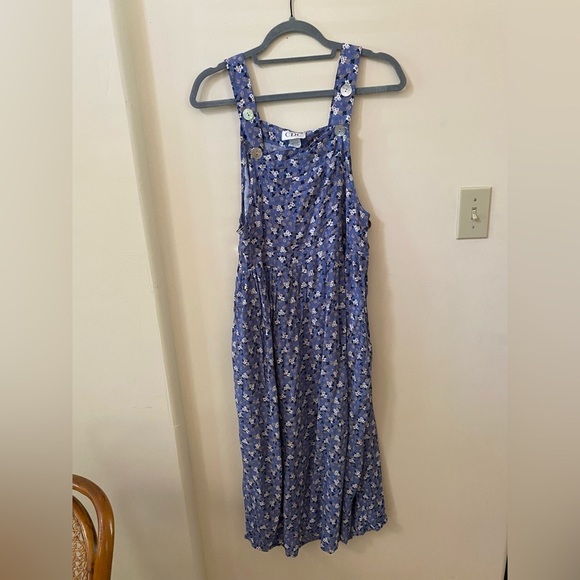 CDC VINTAGE BLUE FLORAL OVERALL FLOWY SLEEVELESS DRESS COTTAGE CORE 6 - Picture 1 of 6